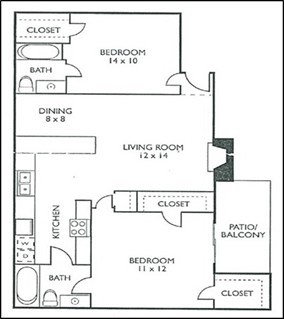 Floor plan for 2 beds, 2 baths, 966 sqft